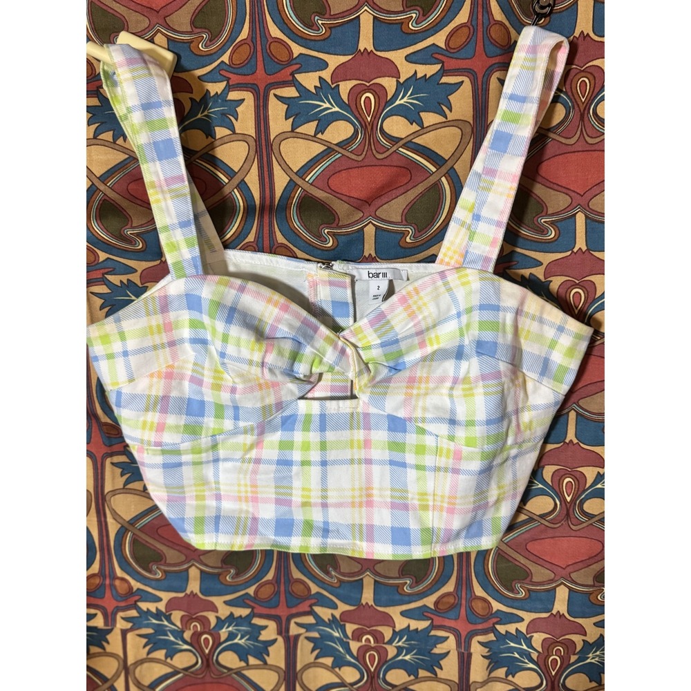 bar‎ III Womens Size 2 Plaid Cropped Sweetheart Sleeveless Top Pastel